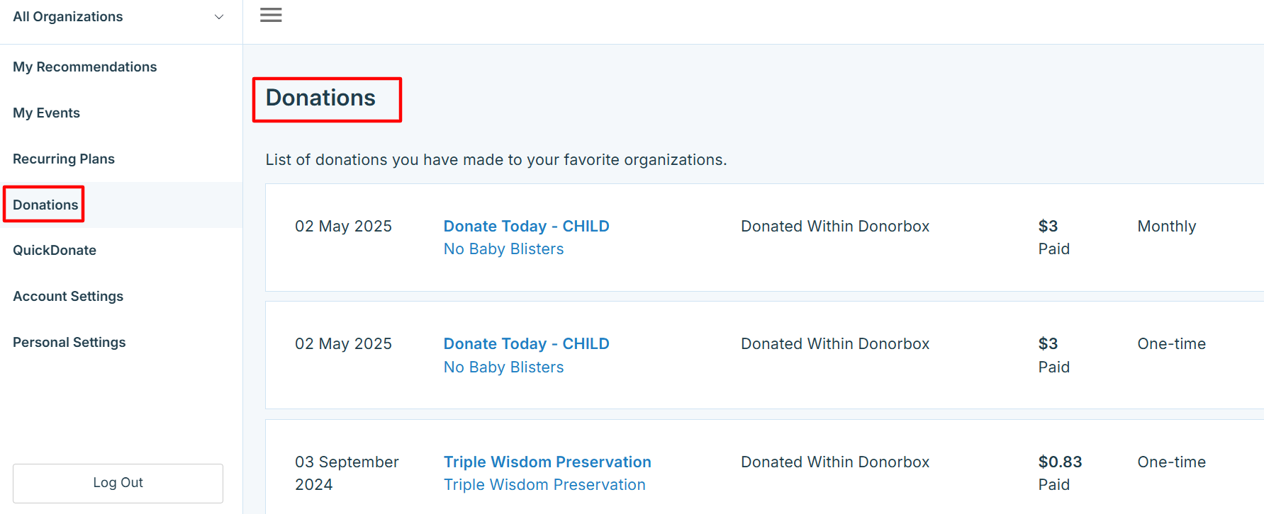 How do I view my donation history - 37236388493204
